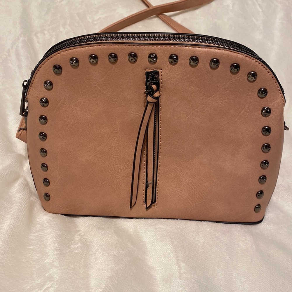 Studded Taupe Crossbody Bag with Tassel